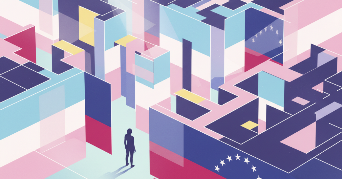 Illustration of a person navigating a maze with Venezuelan and transgender flag colors, symbolizing labor discrimination against trans people in Venezuela.