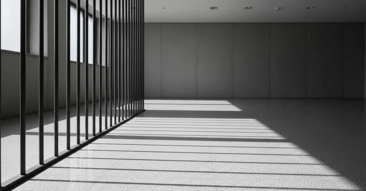 Minimalist image of prison bars casting long shadows, representing mass incarceration in democratic systems