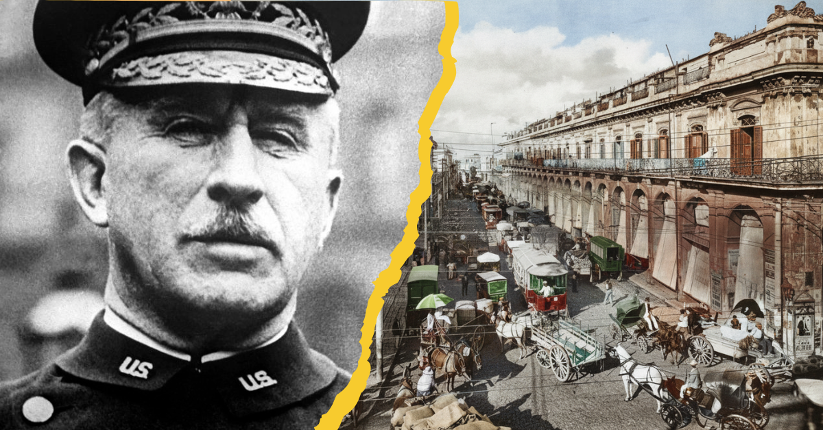 Portrait of General Leonard Wood alongside a historical photograph of Cuba in the early 1900s.