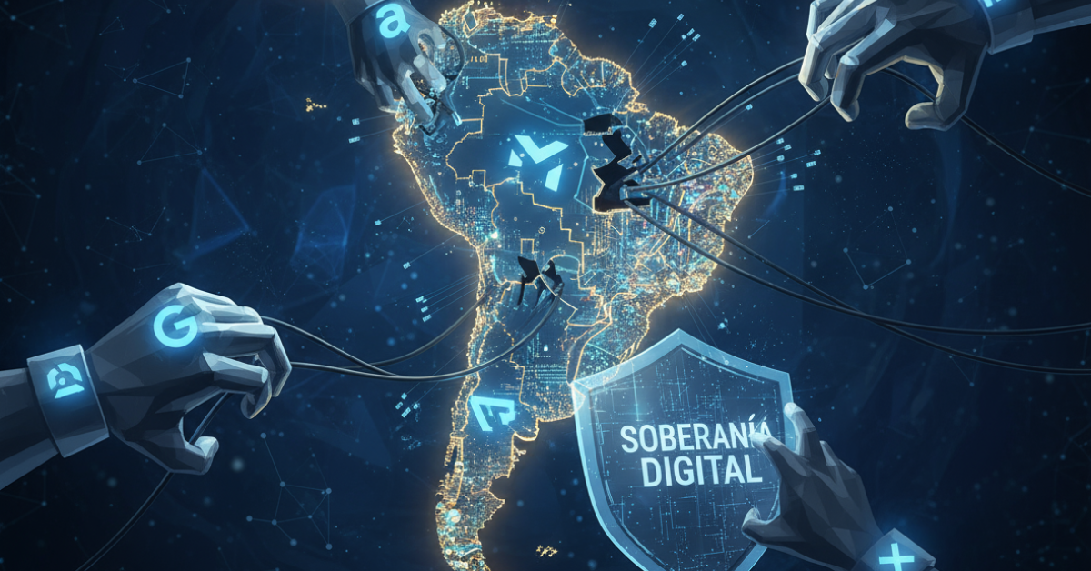 Map of Latin America made of glowing circuits and fiber cables, symbolizing digital sovereignty and Big Tech influence in the region.