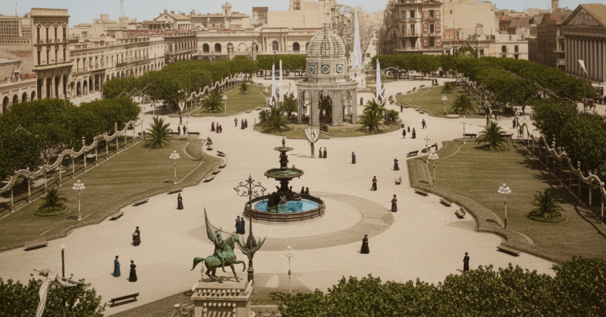 A colorized early 1900s photograph of Plaza de Mayo in Buenos Aires, Argentina, showing gardens, fountains, and historical architecture with people walking through the square.
