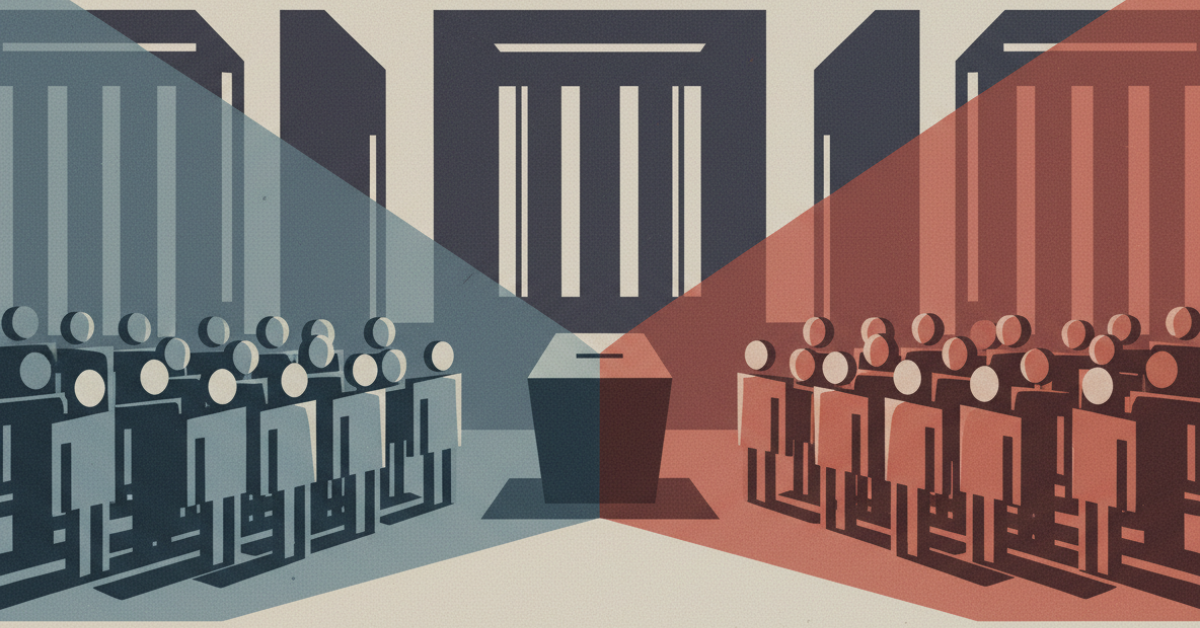 Symbolic illustration of an election with a ballot box between two opposing groups, representing the appearance of political polarization created by electoral systems.
