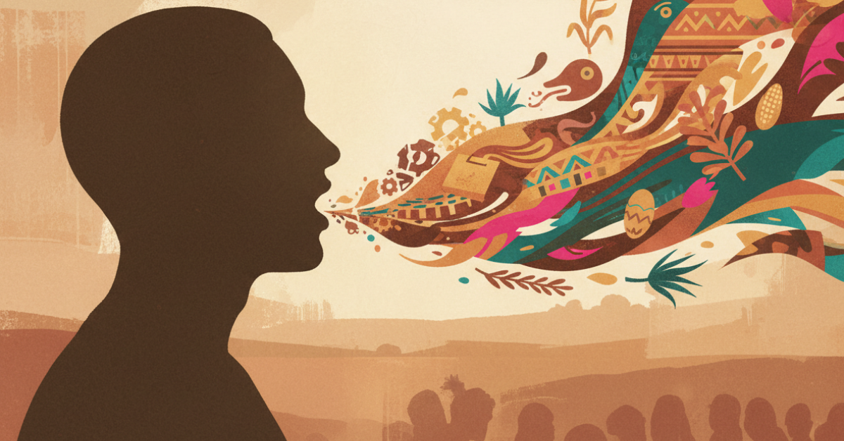 Conceptual illustration of a human silhouette speaking as the words transform into cultural and abstract forms, symbolizing language as a tool for social transformation.