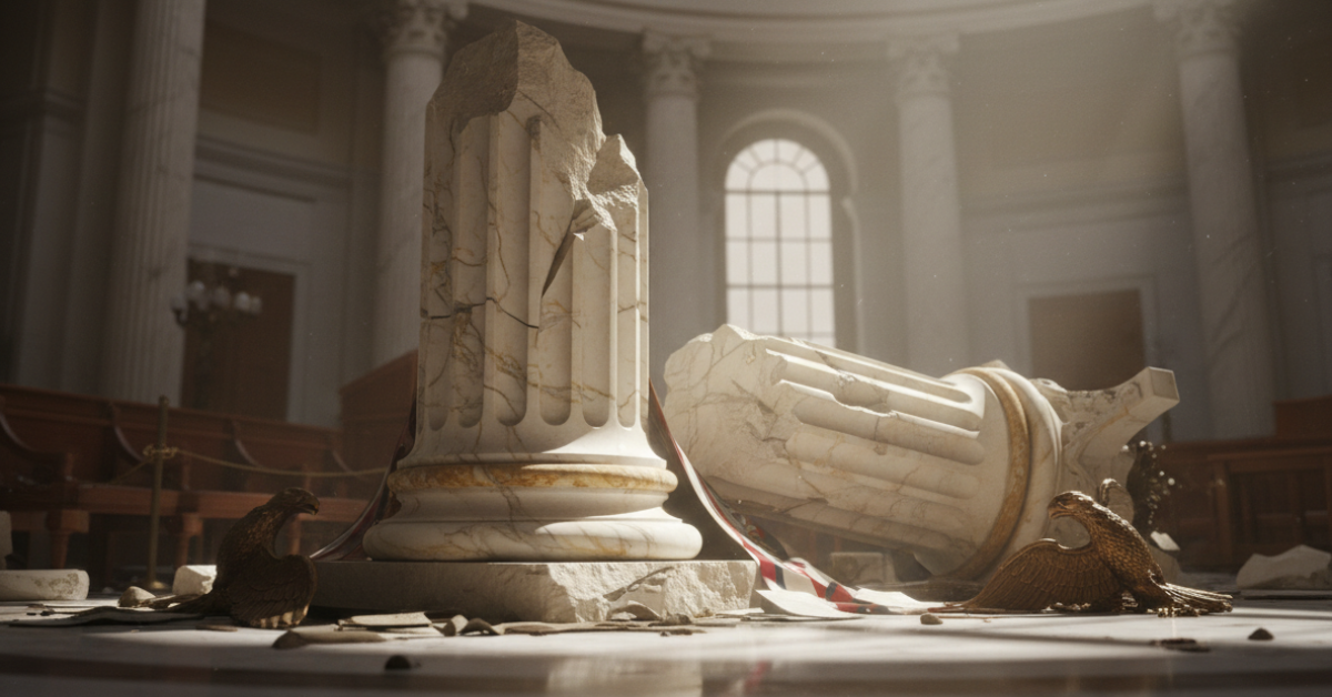 Broken marble columns inside a government building, symbolizing the collapse of political power and accountability.