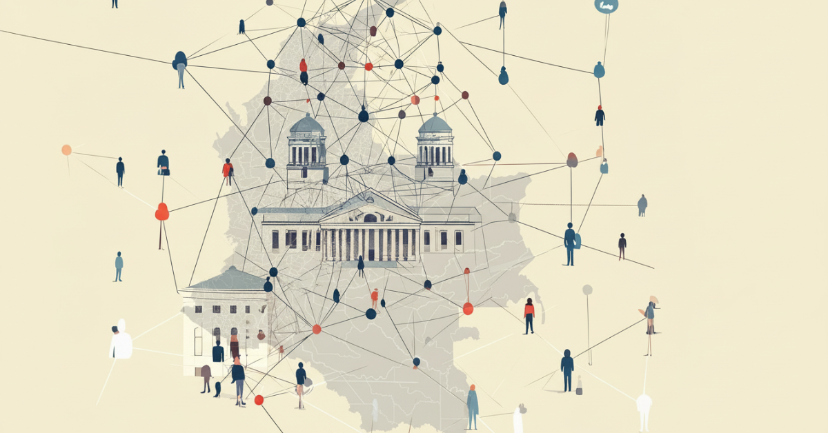 Illustration representing political decentralization in Colombia, showing local democratic institutions and citizen participation networks