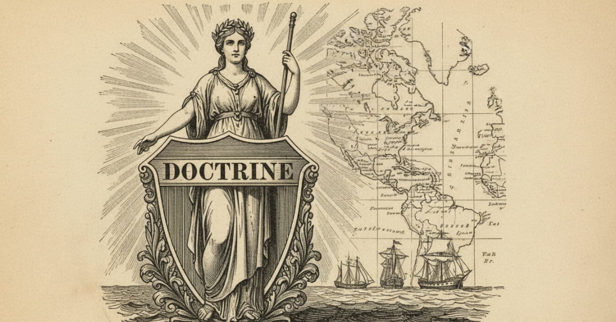 Allegorical illustration representing the Monroe Doctrine in Latin America protecting the Western Hemisphere