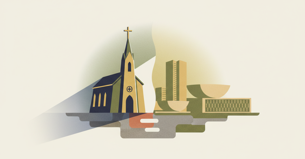 Editorial illustration showing a church and government buildings symbolizing religion and politics in Brazil and the separation between church and state.