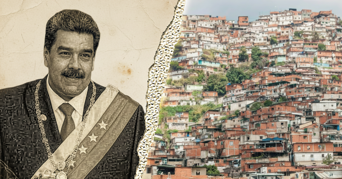 Split image showing Nicolás Maduro on one side and a Venezuelan hillside neighborhood on the other, illustrating political authority and social conditions during Venezuela’s transition.
