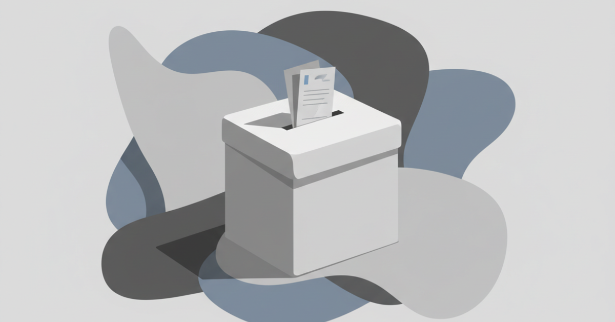 Abstract illustration of a ballot box with a partially inserted ballot, surrounded by muted overlapping shapes suggesting uncertainty.