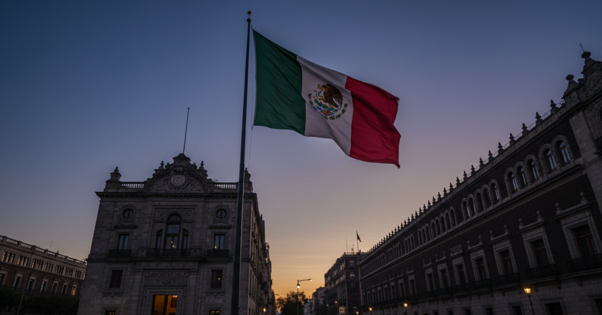 Mexican flag flying over government buildings in Mexico City at dusk, representing Mexico’s security strategy and institutional governance.