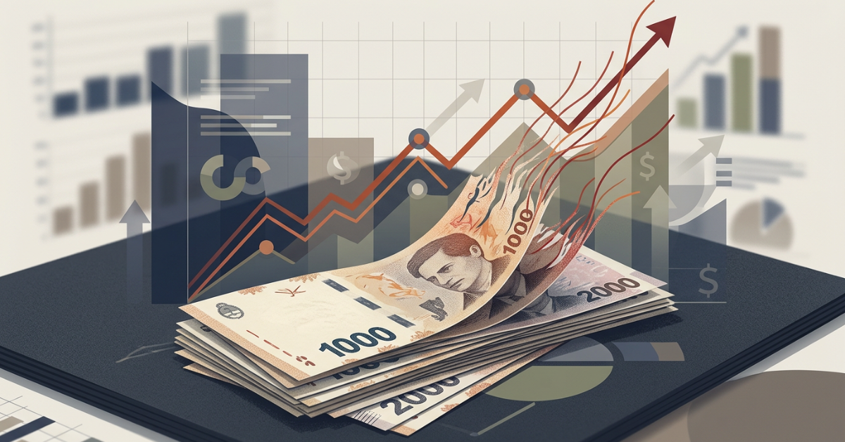 Illustration of Argentine peso banknotes with rising inflation chart representing Argentina’s inflation crisis.