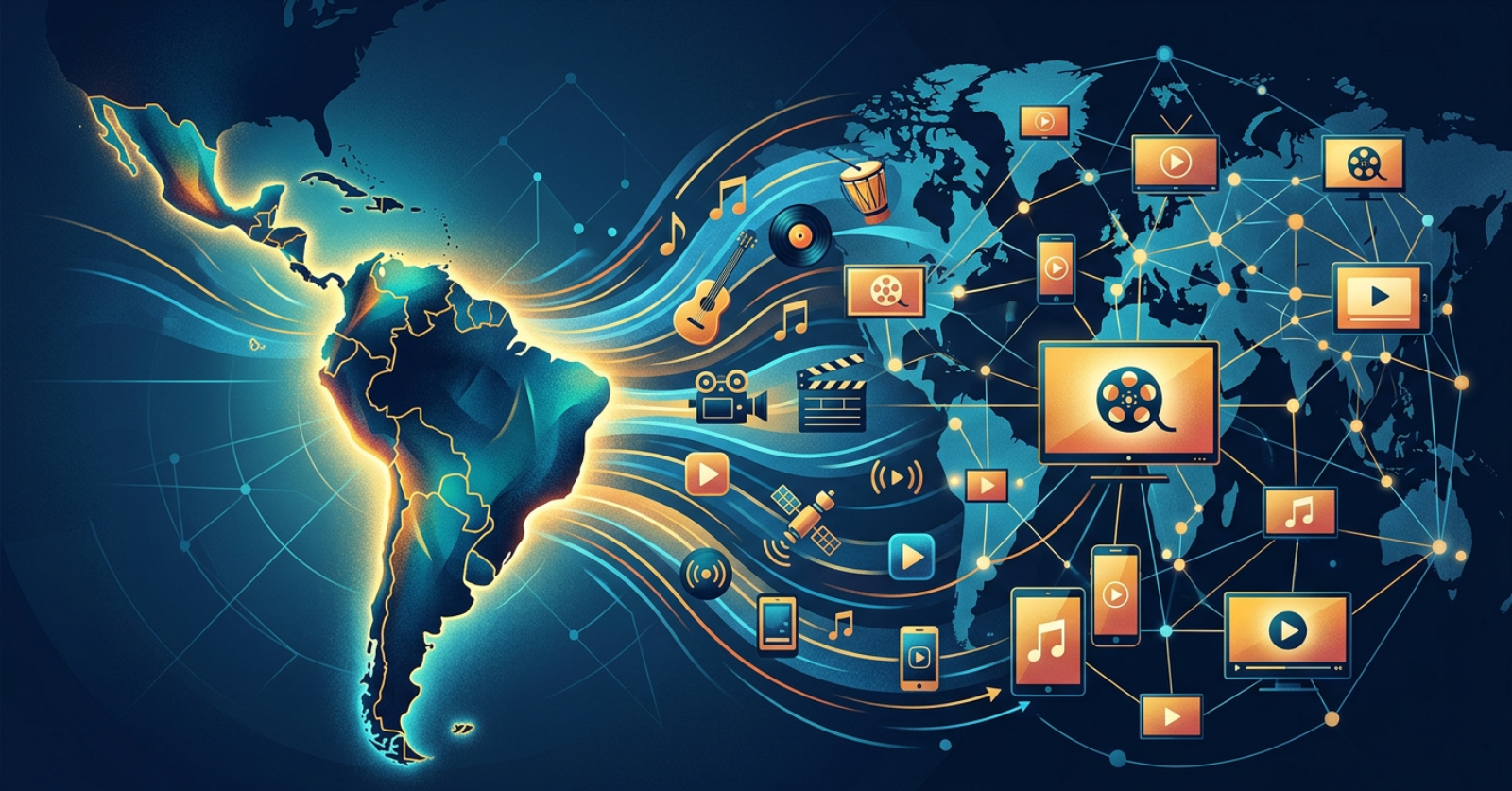 Illustration showing Latin American culture spreading through global entertainment networks, representing Latin American soft power in music, film, and digital streaming.