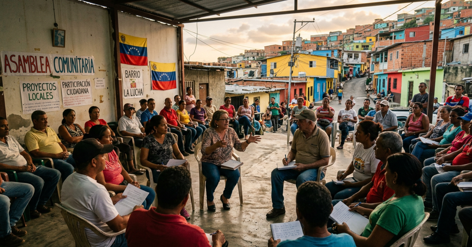 Community assembly in a Venezuelan neighborhood discussing local projects and citizen participation in communal councils.