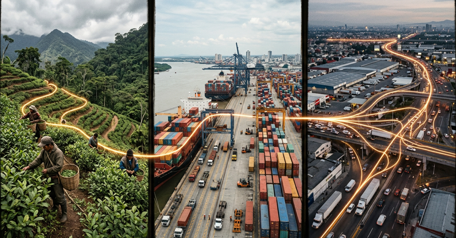 Visual representation of drug trafficking routes in Latin America showing coca production in Colombia, port logistics in Ecuador, and distribution networks in Mexico