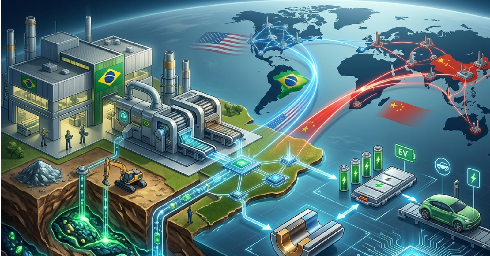 Illustration of Brazil’s rare earth industry showing mining, industrial processing, electric vehicle technology, and geopolitical competition between the United States and China.