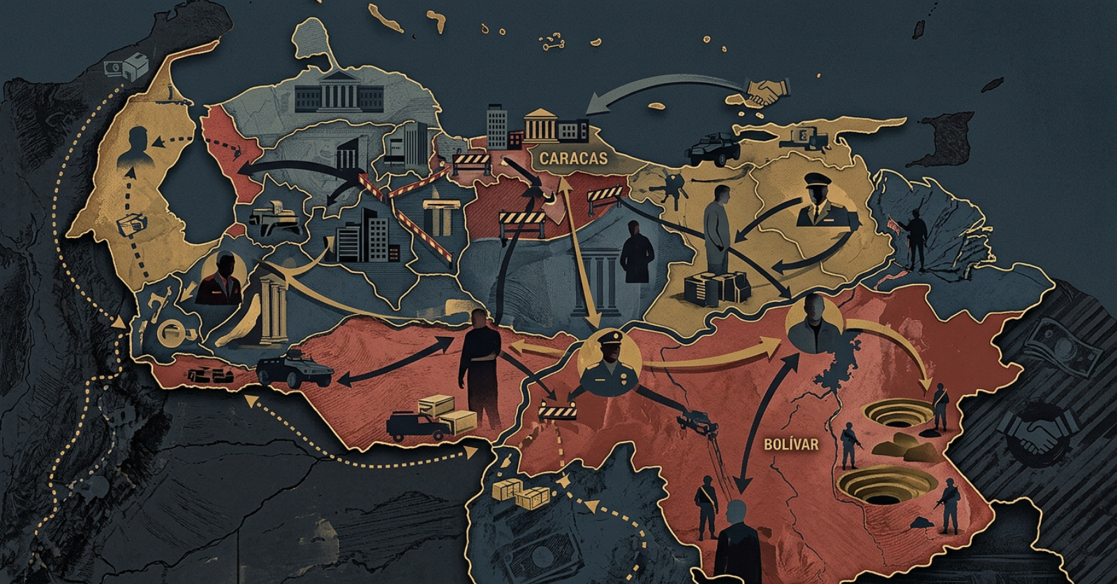 Illustrated map of Venezuela showing criminal governance, armed groups, territorial control, mining economies in Bolívar, border smuggling routes, extortion networks, and hybrid governance structures.